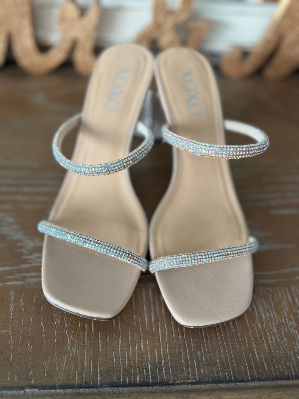 XOXO Iridescent Nude Strap Clear Block Heel Sandals